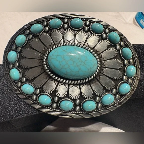 Western Brushed Silver Turquoise Belt 💙🤠 Black Adjusts to 36” - Picture 1 of 7